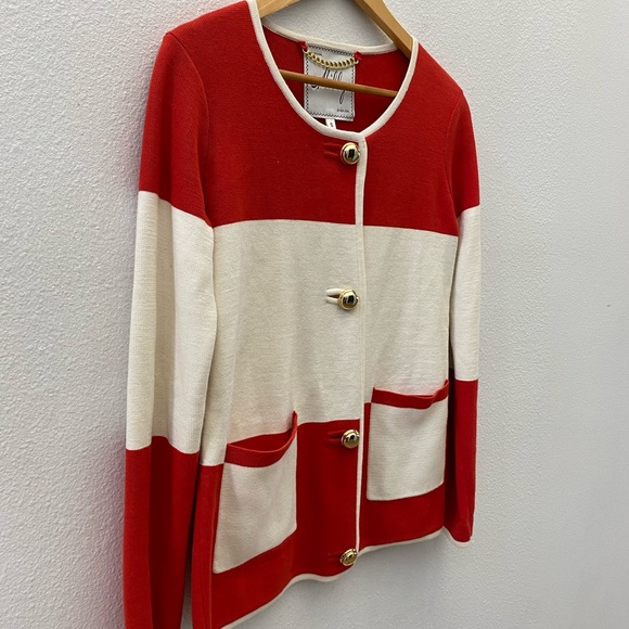 MILLY red white striped knit gold button cardigan sweater - Picture 4 of 5